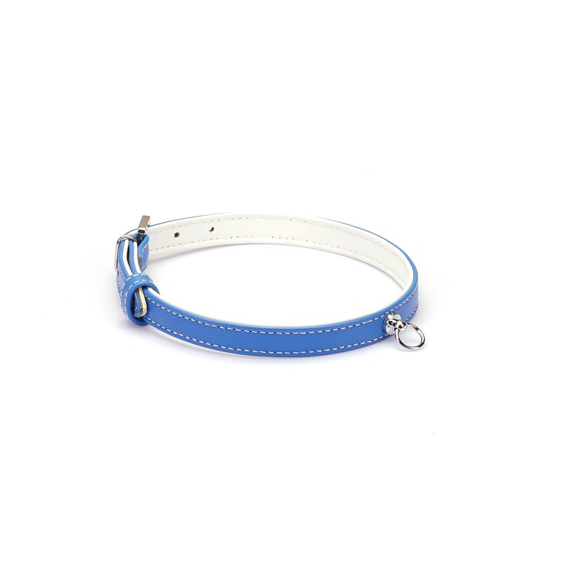 Liebe Seele premium leather choker in blue and white with adjustable buckle and O-ring for fashion and SM play