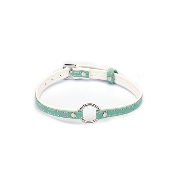 Liebe Seele premium leather choker with big O ring in light green and white, ideal for dopamine fashion and SM plays