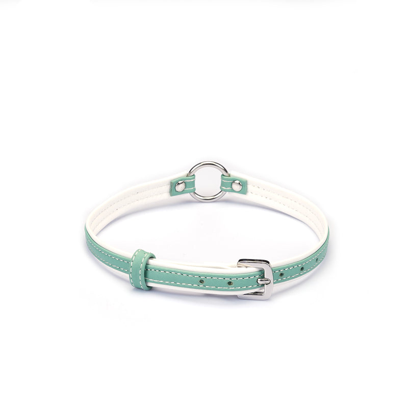 Liebe Seele premium leather choker with big O ring in mint green and white, adjustable for fashion and bondage play