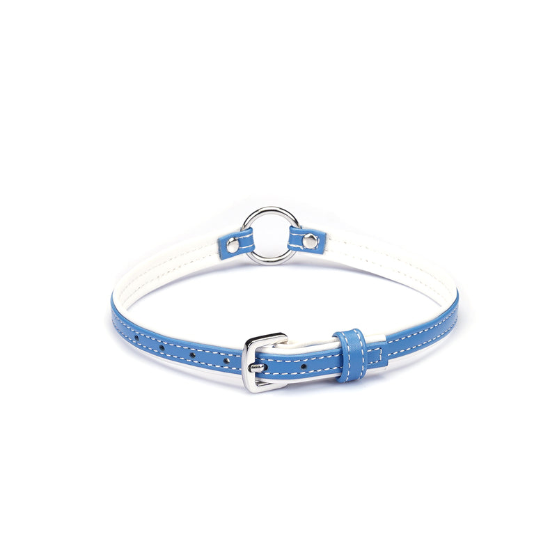 Liebe Seele premium leather choker with big O ring in blue and white, adjustable size for fashion and SM plays