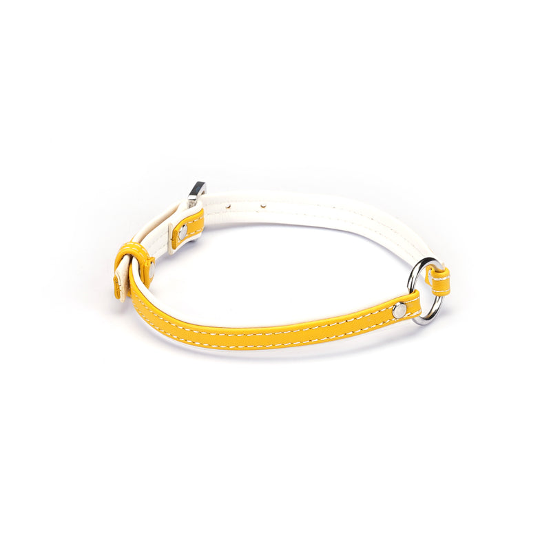 Liebe Seele premium white and yellow leather choker with big O ring, ideal for fashion and SM play