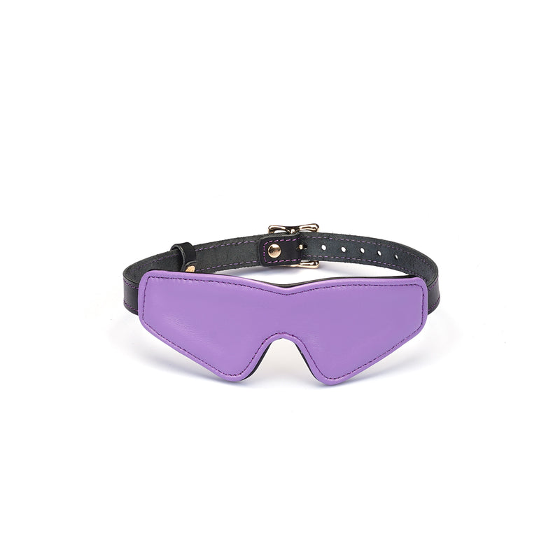 Italian leather purple blindfold with adjustable black strap for bondage play, featuring premium cow leather and fashionably bold design