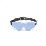 Italian leather blindfold in light blue with adjustable black straps and buckle, premium bondage accessory for sensory play