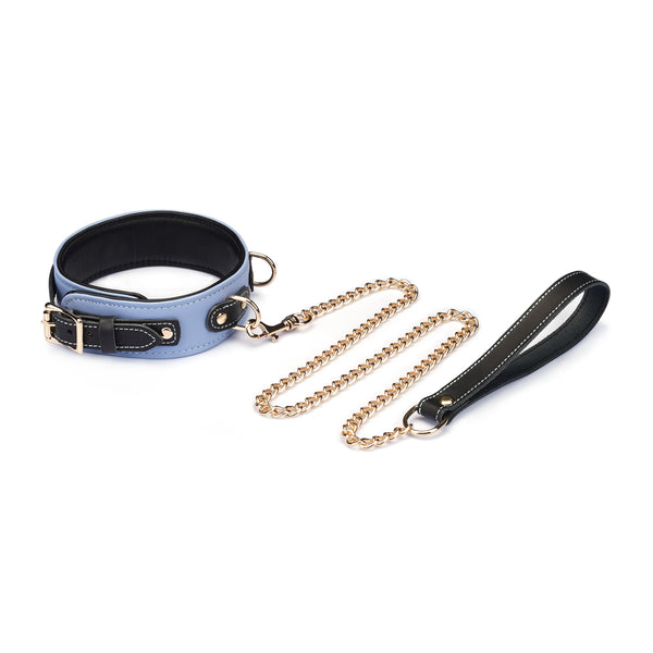 Light blue Italian leather collar with gold chain leash and black leather handle for bondage play, fashionable accessory for beginners and advanced