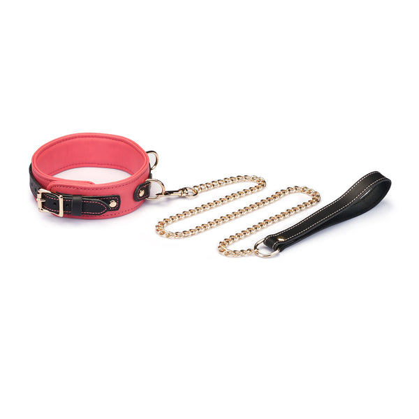 Italian leather collar in red with gold chain leash and black handle, adjustable and made from premium cow leather