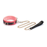 Italian leather collar in red with adjustable buckle and gold chain leash, fashionable accessory for bondage play