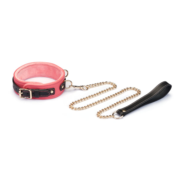 Italian leather collar in red with adjustable buckle and gold chain leash, fashionable accessory for bondage play