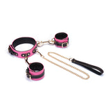Italian leather wrist to collar set in rose red with golden chain and black leather leash, adjustable and fashionable for bondage play