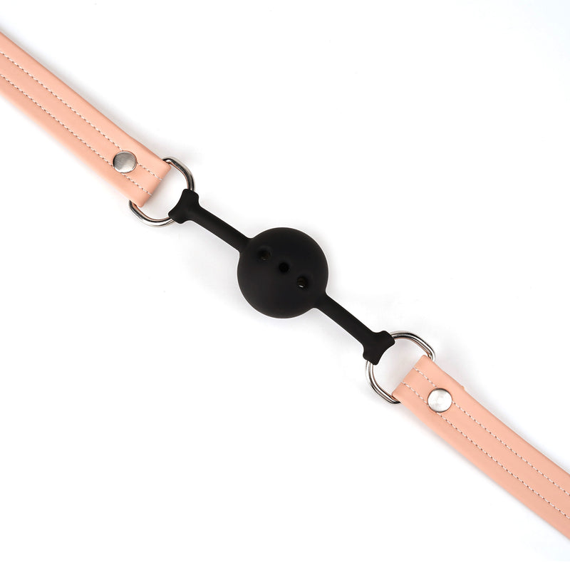 Pink breathable silicone ball gag with vegan leather straps and silver hardware from the Dark Candy collection