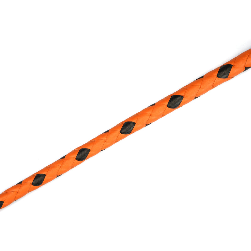Close-up of Japanese Professional Dominatrix 100cm Whip with orange and black cross-braided leather detail