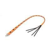 Orange and black hand-made leather whip with metal handle and tassel, 100 cm long, ideal for professional dominatrix use in controlled punishment and teasing.