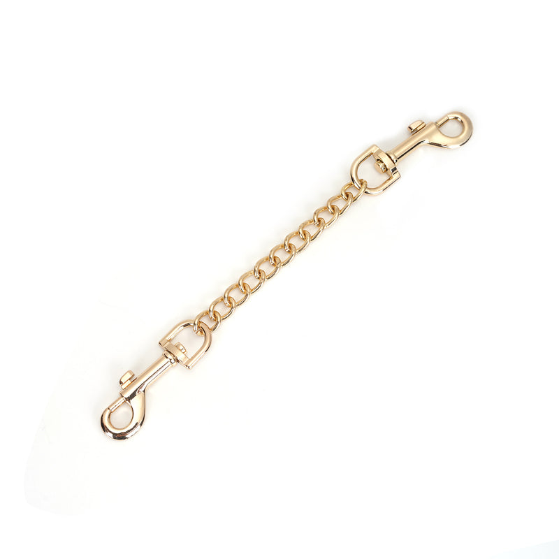 Gold chain clasp accessory for Mossy Chic Leather Ankle Cuffs showing sturdy metal construction and dual clasps for bondage play