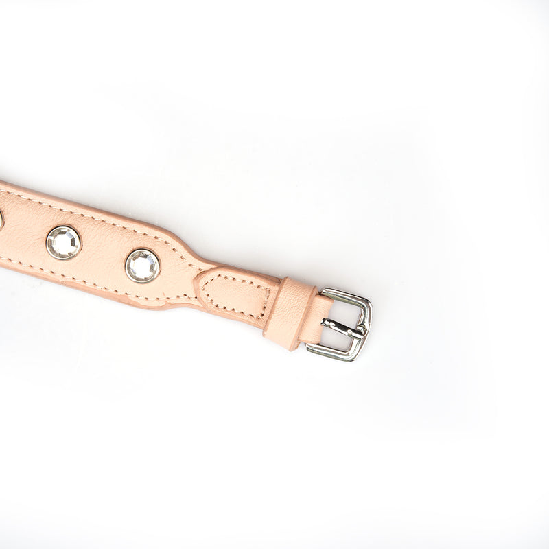 Liebe Seele premium leather choker with diamonds in pink, showcasing a silver buckle and studded detail for fashion and bondage styles