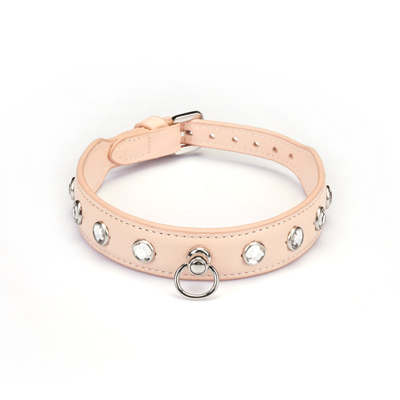 Liebe Seele premium leather choker with diamonds pink, featuring clear gemstones and a central metal ring, ideal for both fashion wear and BDSM accessories