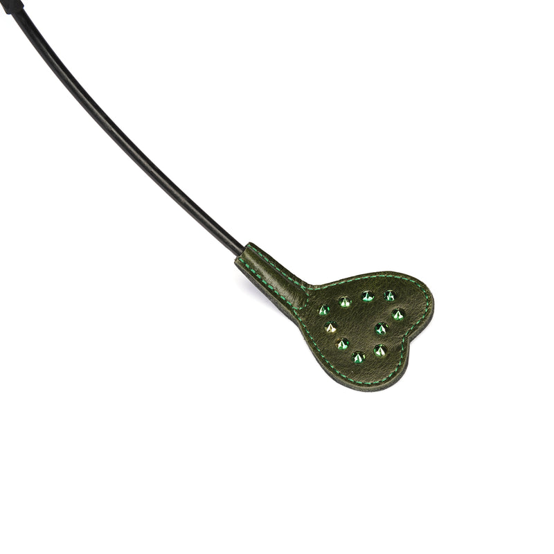 Luxury green leather mini crop with gemstone embellishments for erotic play, perfect for enhancing fetish and bondage experiences