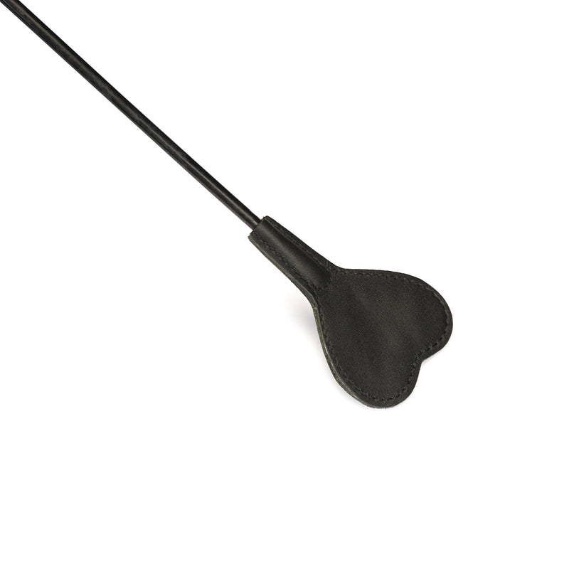 Luxury black leather heart-shaped mini crop for erotic play, featuring a sleek design and premium finish