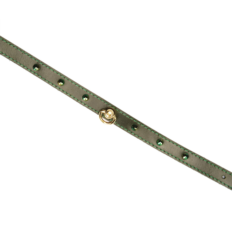 Luxury green leather choker with gemstone D-ring, adjustable, from LIEBE SEELE's unique leather bondage collection