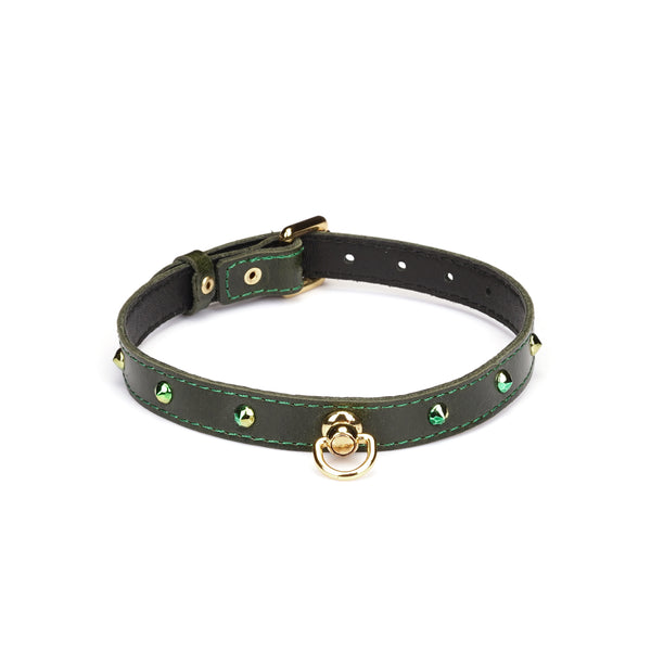 Luxury green leather choker with gemstone decorations and D-ring for erotic experiments