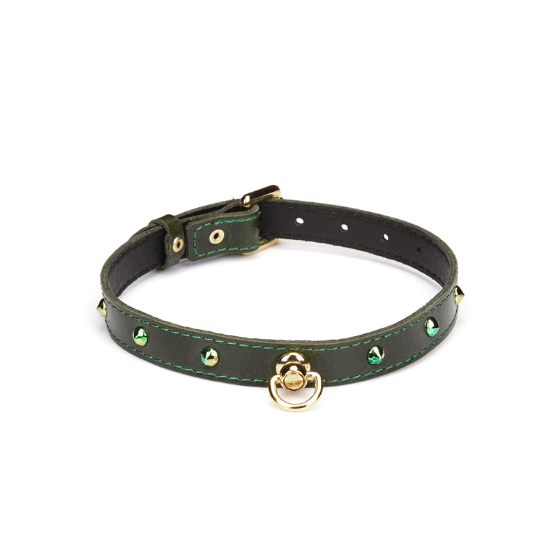 Luxury Green Leather with Gemstone Choker D-ring