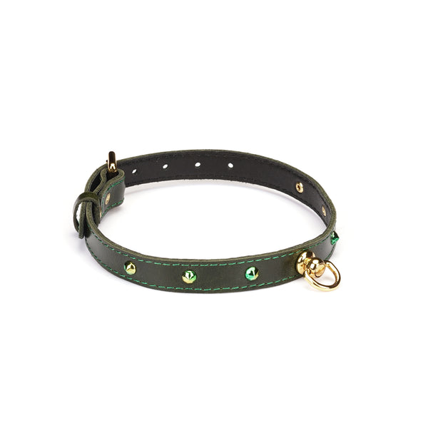 Luxury green leather choker with gemstones and D-ring from LIEBE SEELE