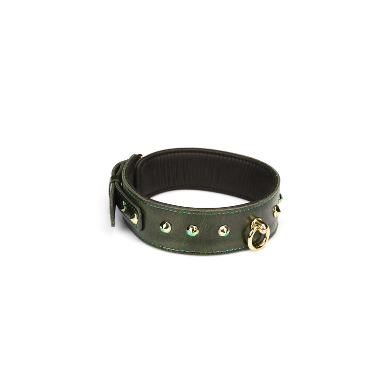 Luxury green leather collar with gemstones and O-ring from LIEBE SEELE, enhancing erotic bondage play