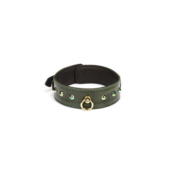 Luxury green leather collar with gemstones and O-ring for erotic experiments and fetish play