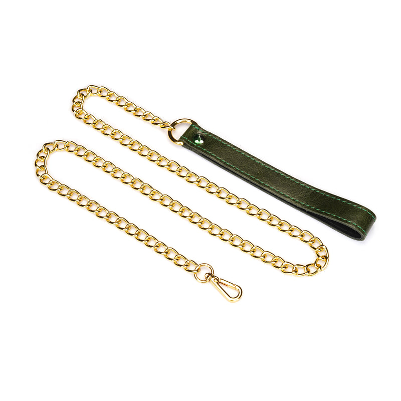 Luxury green leather collar with gemstone and gold chain O-ring for bondage play