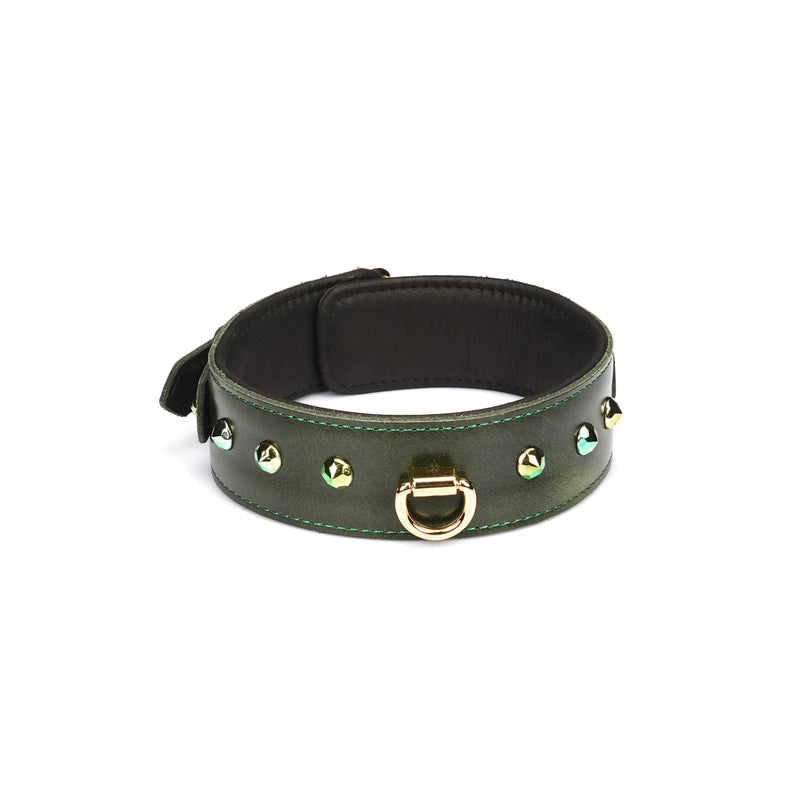 Luxury green leather collar with gemstones and D-ring for bondage play, adjustable and crafted from premium cow leather