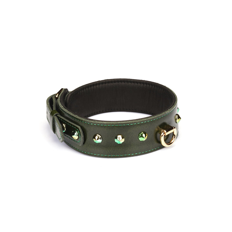 Luxury green leather collar with gemstones and D-ring for erotic play, model CL-80854GR