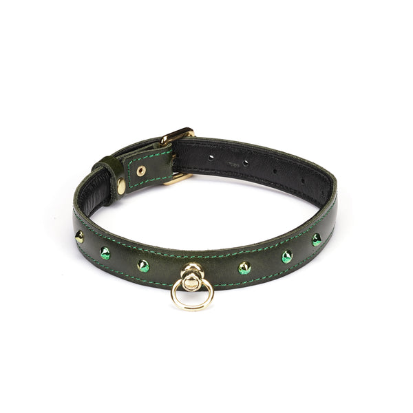 Luxury green leather choker with gemstones and O-ring from LIEBE SEELE, adjustable bondage accessory