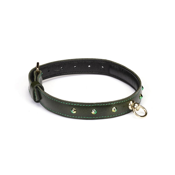 Luxury green leather choker with gemstones and gold O-ring from LIEBE SEELE, enhancing erotic play with premium quality materials