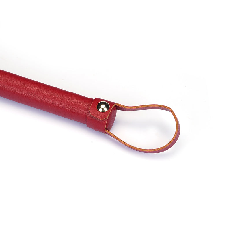 Red faux leather flogger with brown loop handle, designed for sensual bondage play, 44.5cm length