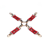 Red faux leather hogtie with central metal ring and silver clasps, Premium Japanese bondage gear