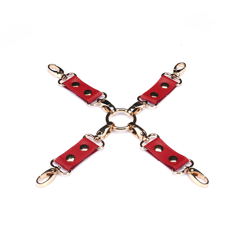 Red faux leather hogtie with central metal ring and silver clasps, Premium Japanese bondage gear