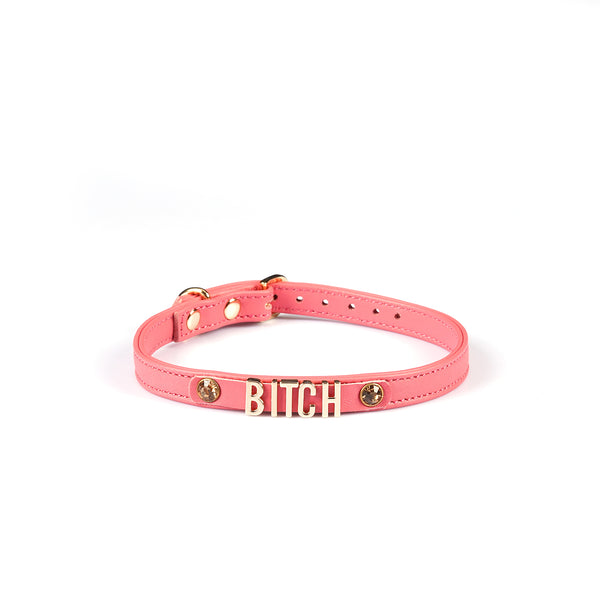 Pink Italian leather choker with gold letters BITCH and gemstones, adjustable buckle for fashion accessory