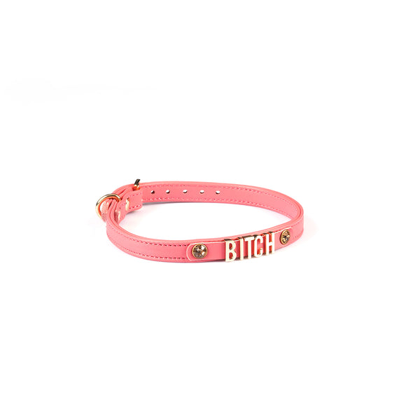 Pink Italian leather choker with gold 'BITCH' letters and gemstones, adjustable buckle, stylish daily wear