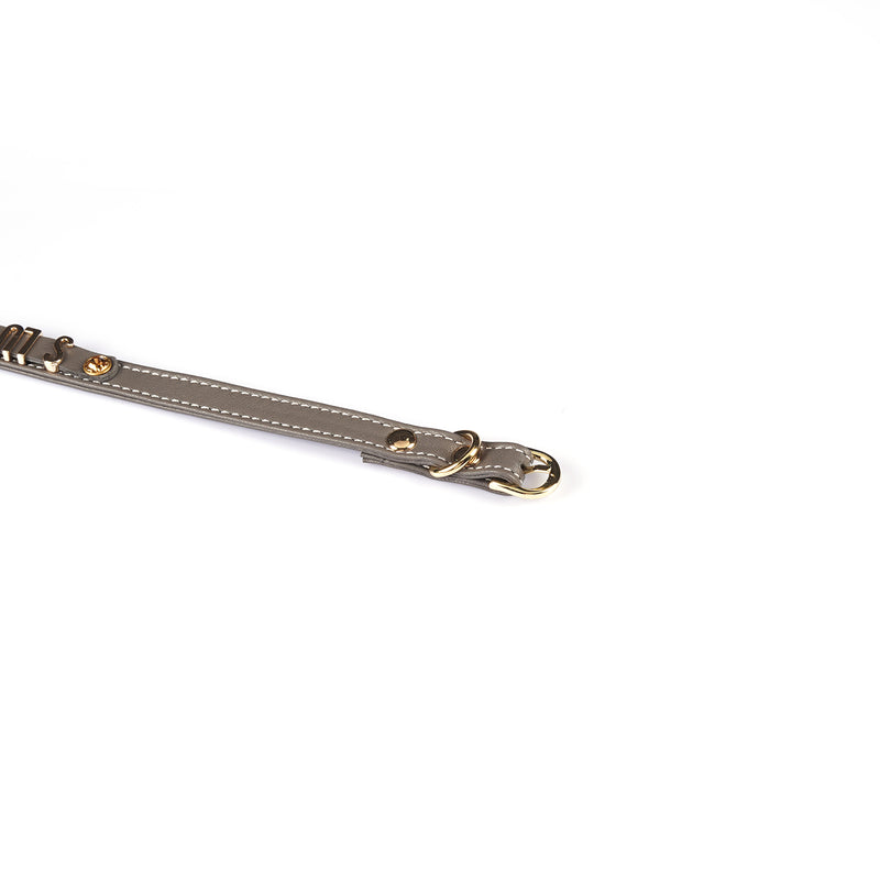 Adjustable grey Italian leather choker with gold 'SLUT' letters and gemstone, elegant yet bold fashion accessory