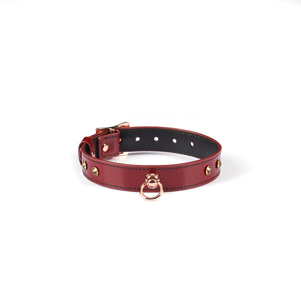 Burgundy Premium Patent Leather Choker with Rose Gold O-Ring and Adjustable Buckle
