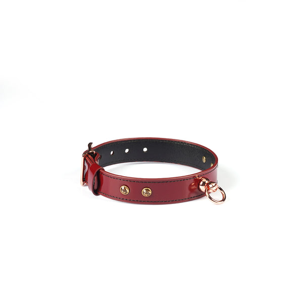 Burgundy Premium Patent Leather Choker with Rose Gold O-Ring and Gemstone by LIEBE SEELE