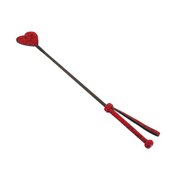 Kinbaku Ukiyoe red rosy lamb suede leather riding crop with heart-shaped top and braided handle