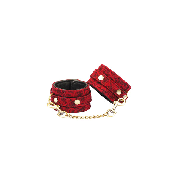 Luxury red rosy lamb suede leather handcuffs with golden chain, part of Kinbaku Ukiyo-e series, showcasing traditional Japanese art combined with BDSM aesthetic