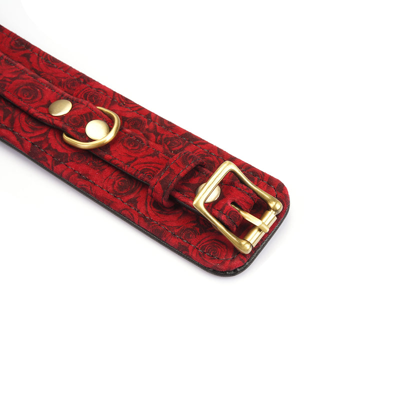 Luxury red rosy lamb suede leather handcuffs with gold buckled clasp, featuring detailed rose embossing, part of the Kinbaku Ukiyoe series