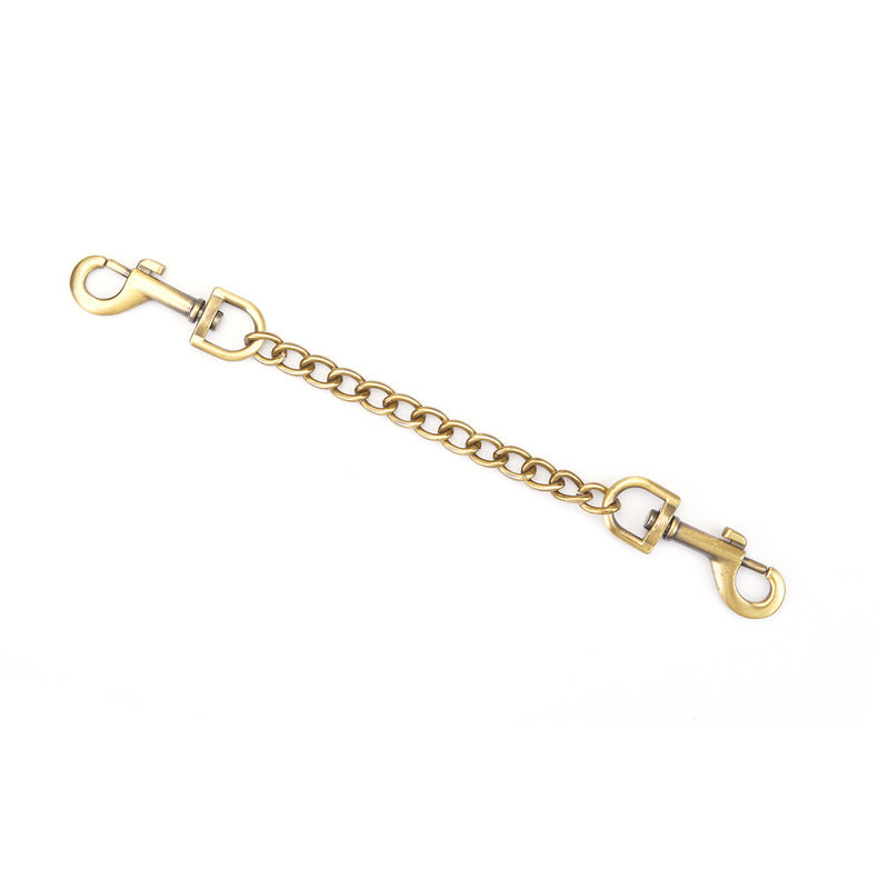 Gold-toned metal bondage chain with clasps for BDSM play, compatible with ankle and wrist cuffs