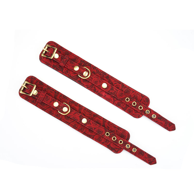 Kinbaku Ukiyo-e red rosy lamb suede leather handcuffs with floral pattern and copper buckles