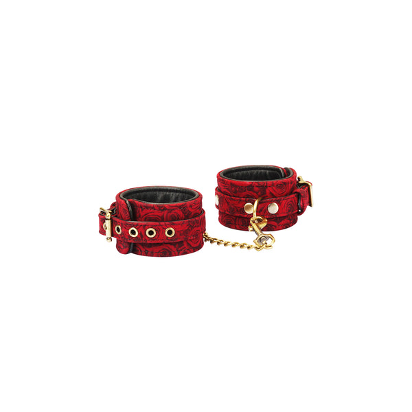 Kinbaku Ukiyoe luxury red rosy lamb suede leather ankle cuffs with copper hardware and traditional pattern design