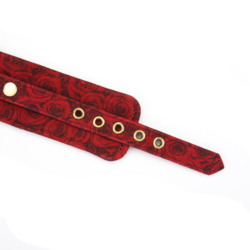 Luxury red rosy lamb suede leather handcuff with gold-tone metal grommets from Kinbaku Ukiyo-e collection