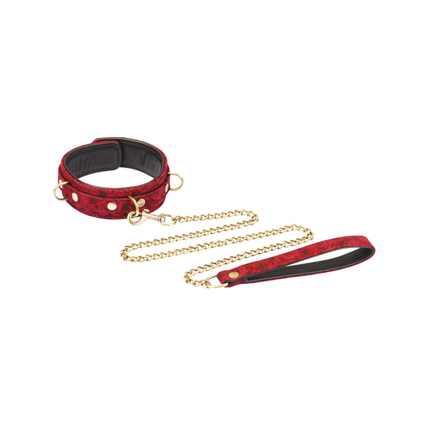 Kinbaku Ukiyo-e luxury red rosy lamb suede leather collar and gold-plated chain for BDSM games and aesthetic experience