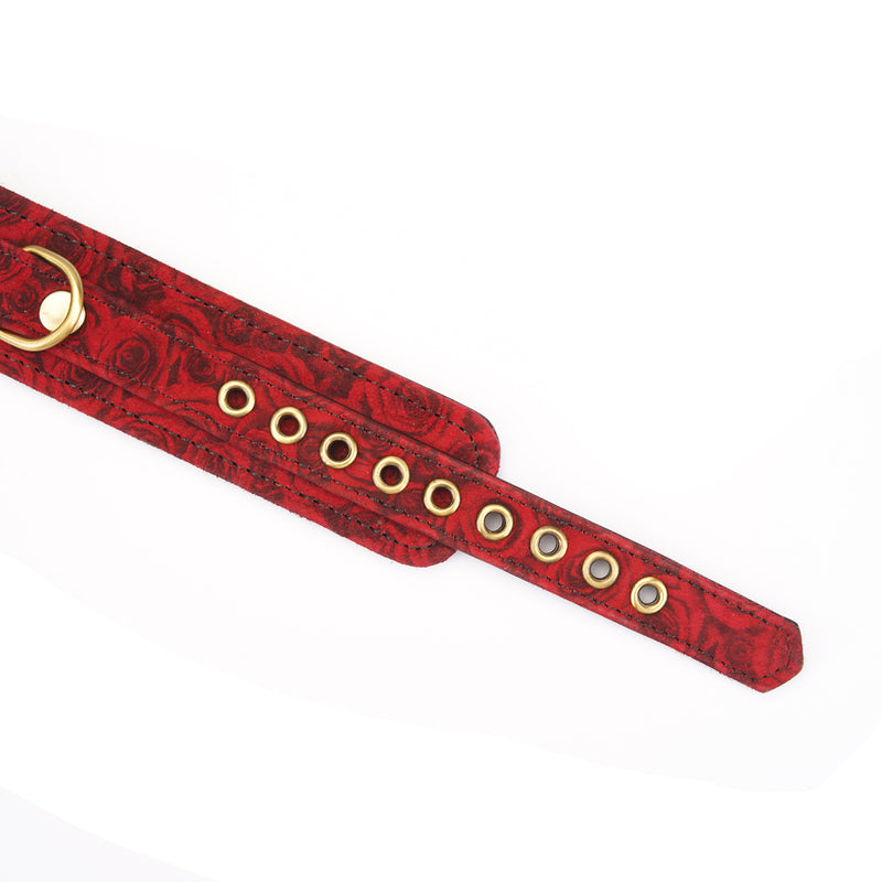 Luxurious Kinbaku Ukiyoe red rosy lamb suede leather collar with copper-plated grommets and ring, adjustable BDSM accessory