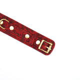 Luxury red rosy lamb suede leather collar with traditional Japanese ukiyo-e art and gold-plated copper detailing from Kinbaku Ukiyo-e series