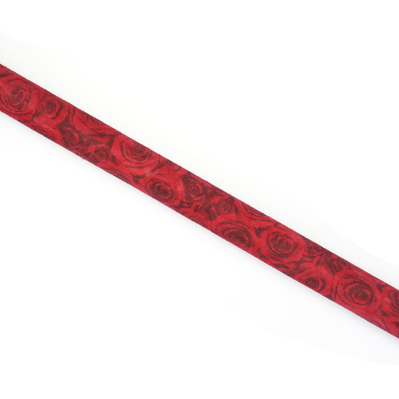 Red Rosy Lamb Suede Leather Spreader Bar from Kinbaku Ukiyoe series with detailed floral imprint design, enhancing bondage aesthetic.
